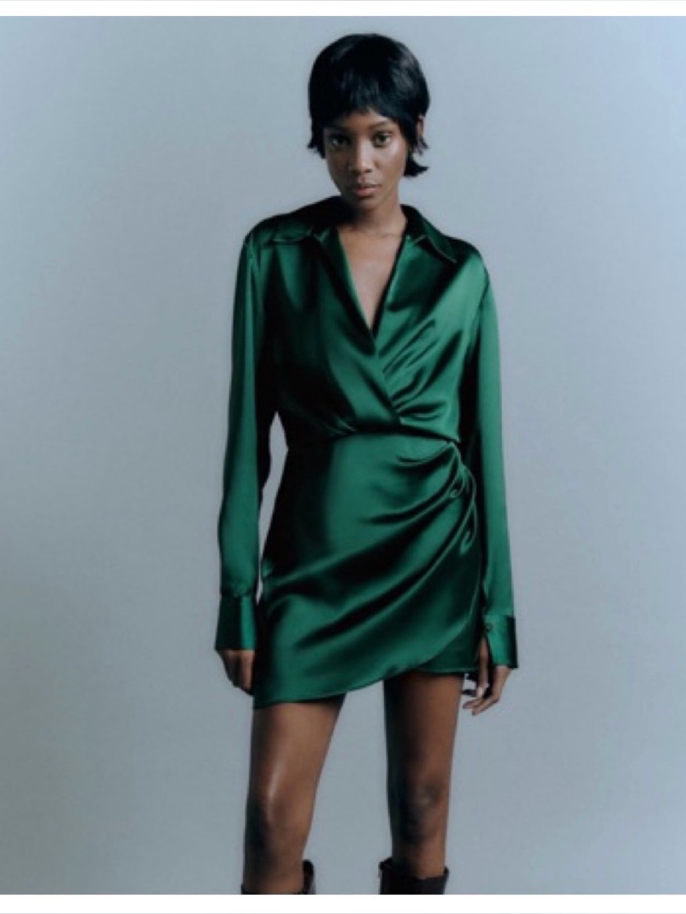 Satin Wrap Mini Dress - Emerald Green - Zara L